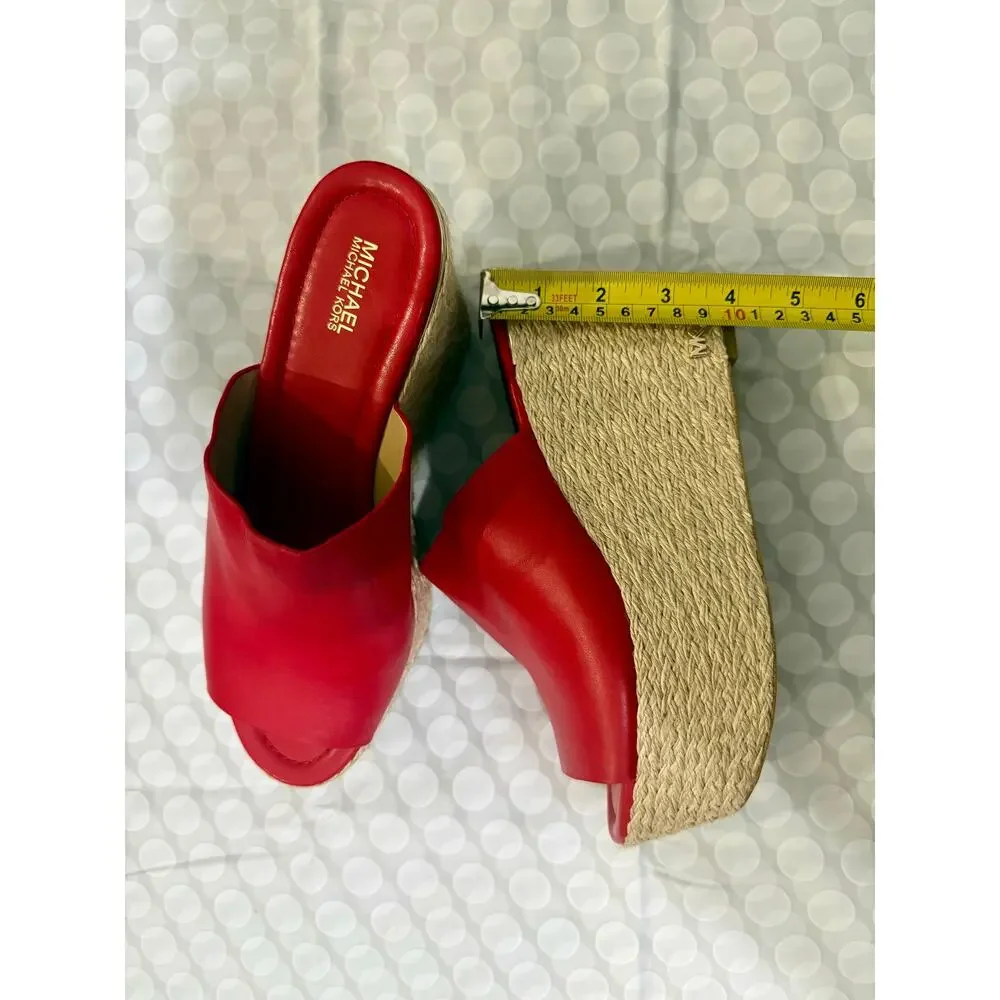 Michael Kors Red Leather Wedge Mule Sandals Espadrille Platform Women’s 8M